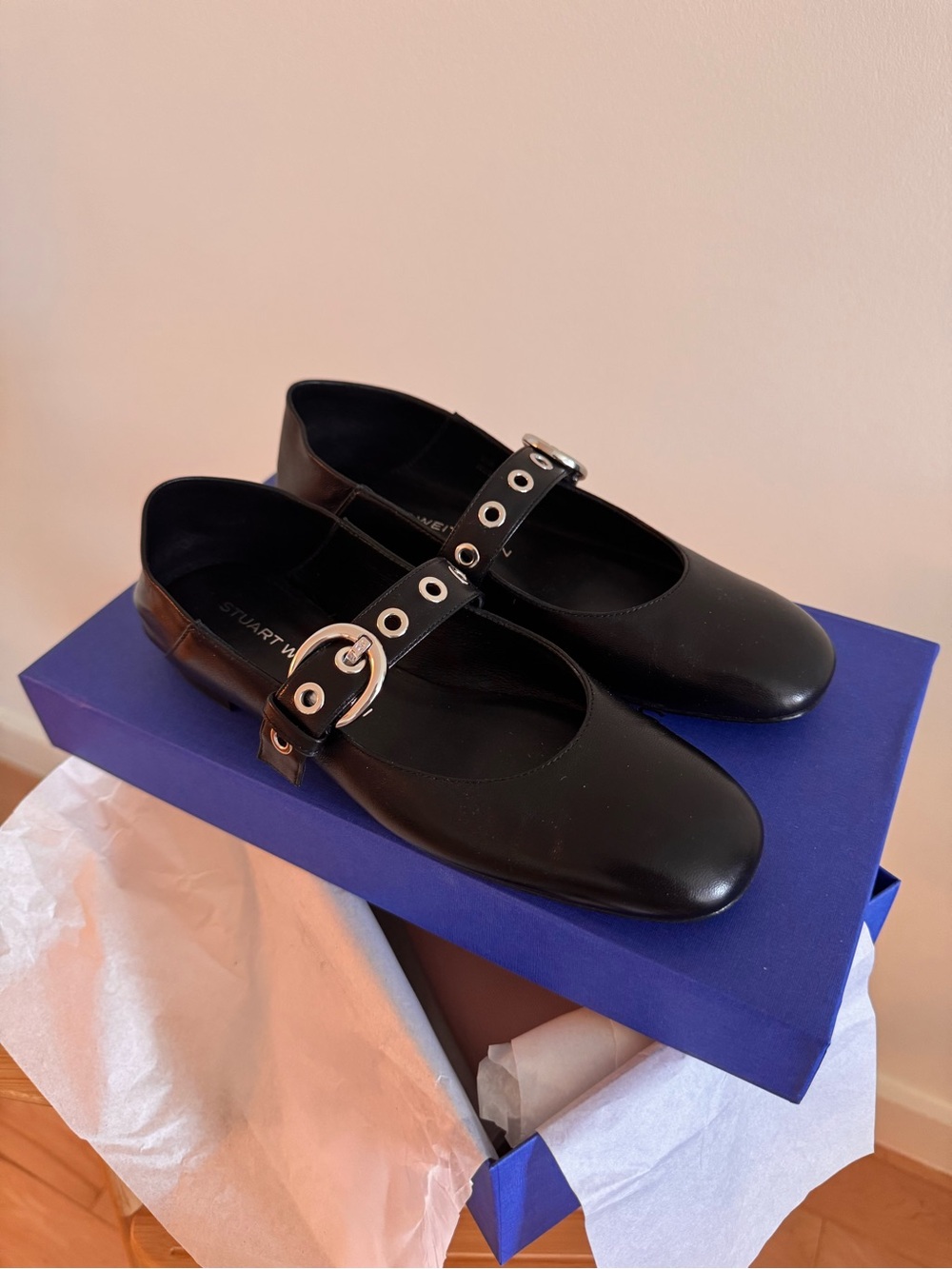 NIB Stuart Weitzman Supermoto Mary Jane Flat - Black Leather - Size 6 Narrow